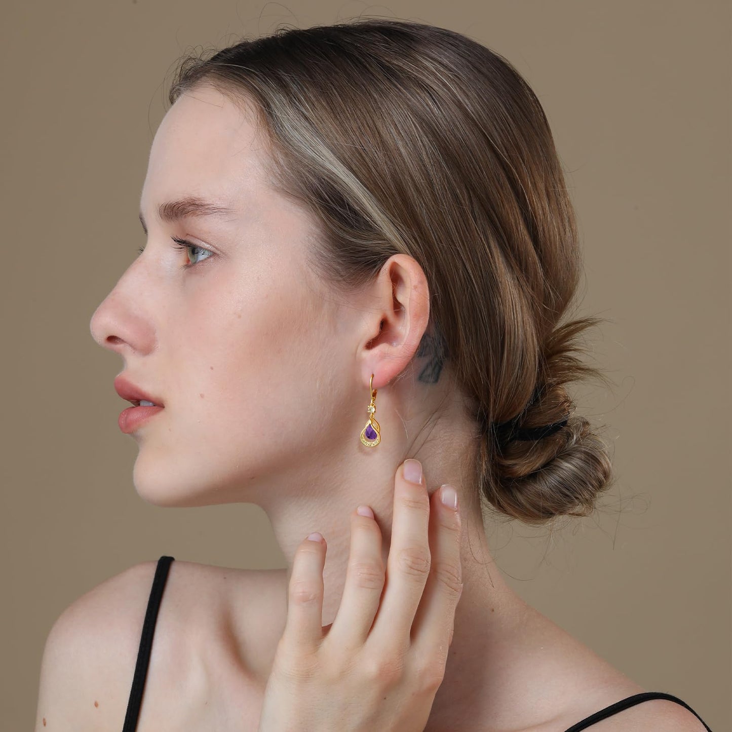 Dangle Trendy Leverback Birthstone Earrings 14K Gold Plated Teardrop Dangle Earrings Jewelry Christmas Birthday Gifts for Women (Gold February)