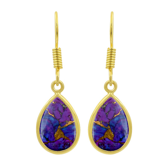 Natural Purple Copper Turquoise 14K Yellow Gold Plated Dangle Earrings for Women - Purple Gemstone December Birthstone Handmade Jewelry Earrings - Mother's Day Gifts for Her