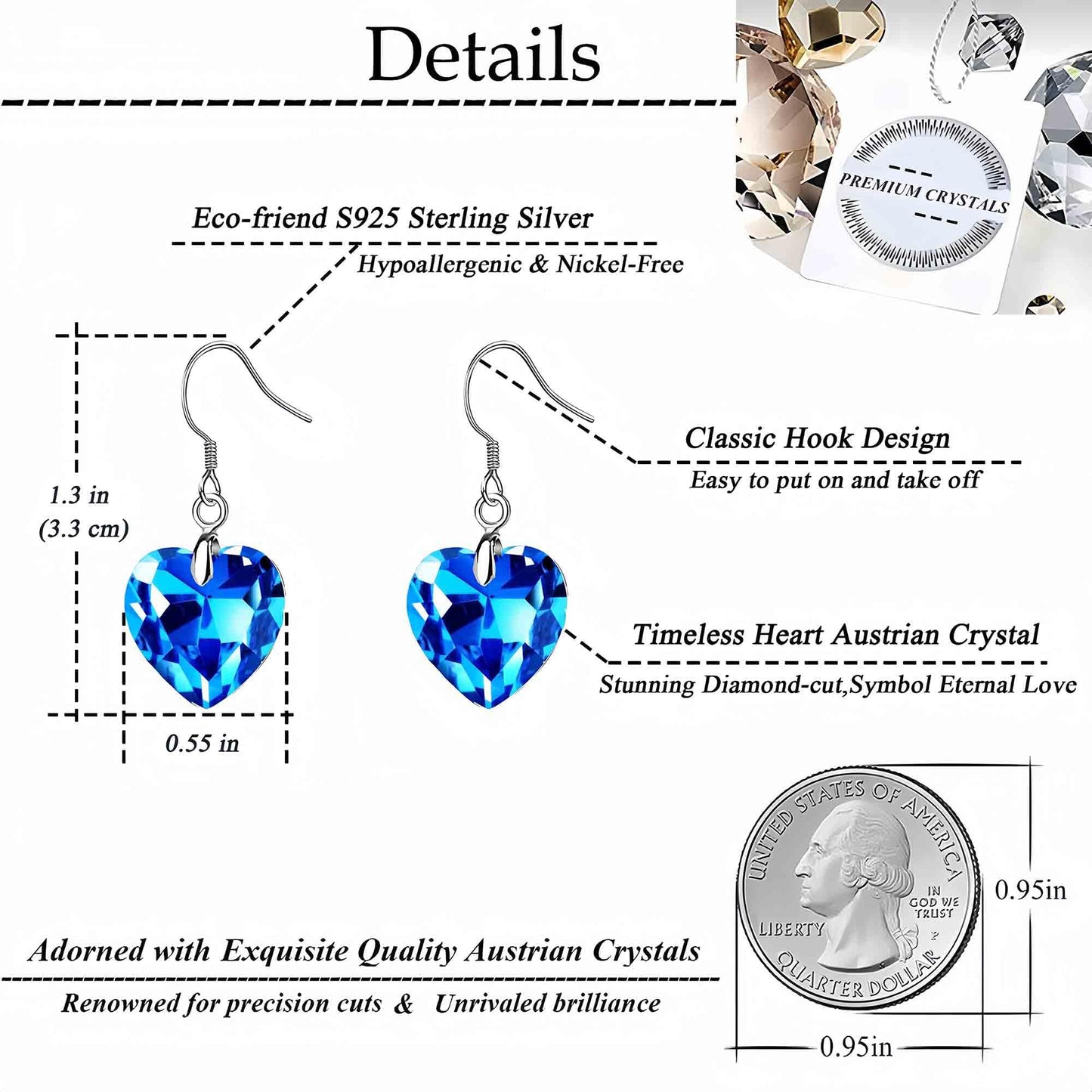 Austrian Crystal Heart Drop Dangle Earrings for Women 925 Sterling Silver Hook Hypoallergenic Earring (Bermuda Blue)