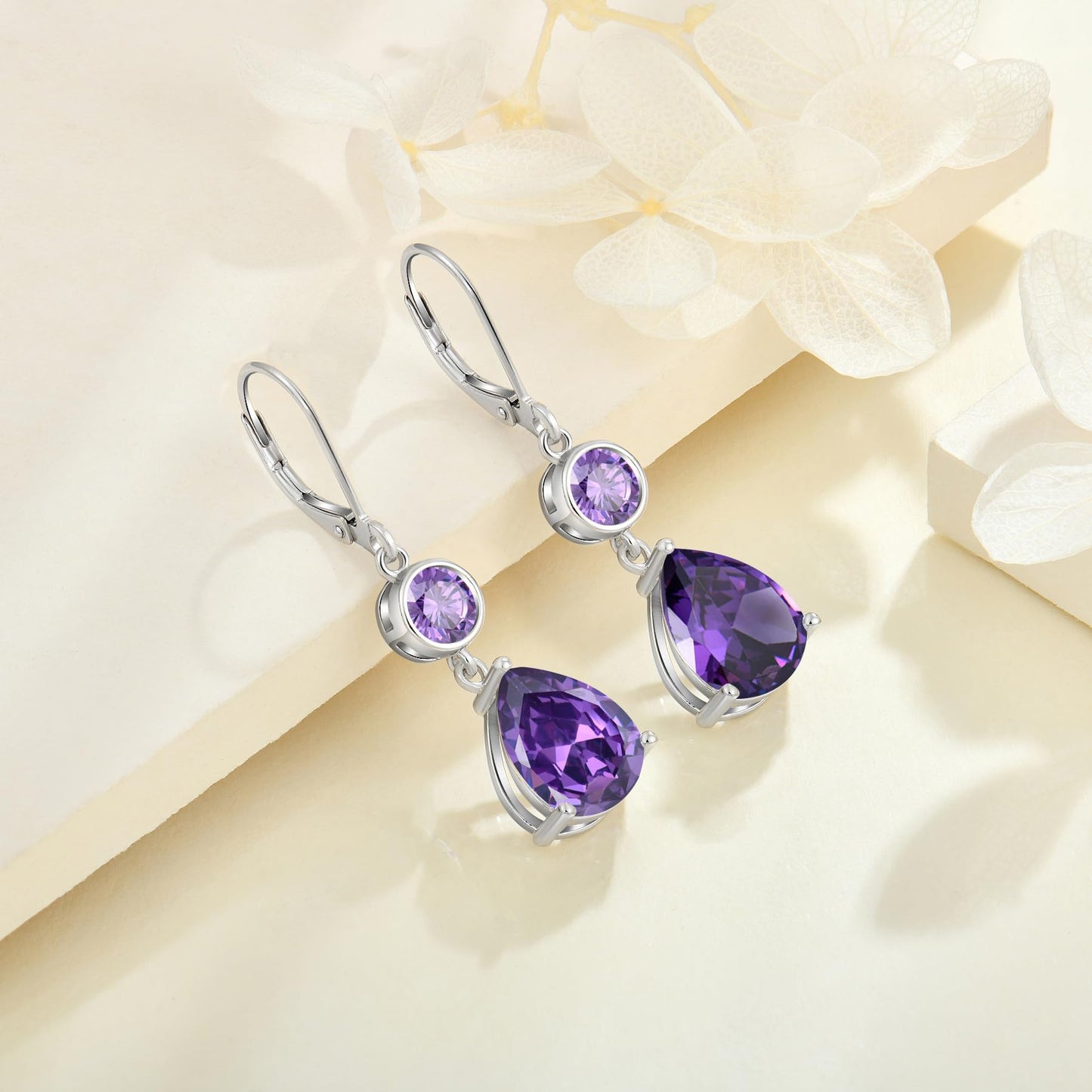 FYNSBLE Amethyst Earrings for Women Sterling Silver Dangle Drop Leverback Earrings Hypoallergenic Jewelry for Women