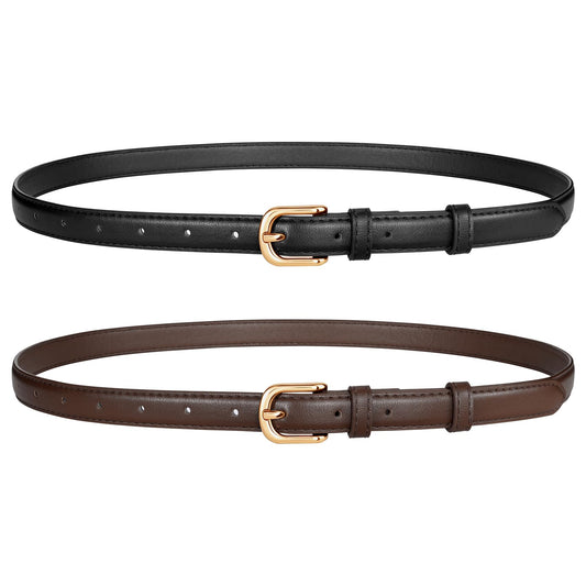 JASGOOD 2 Pack Women Skinny Belt with Gold Buckle Fashion Faux Leather Thin Belt for Jeans Pants,Black+Dark Brown