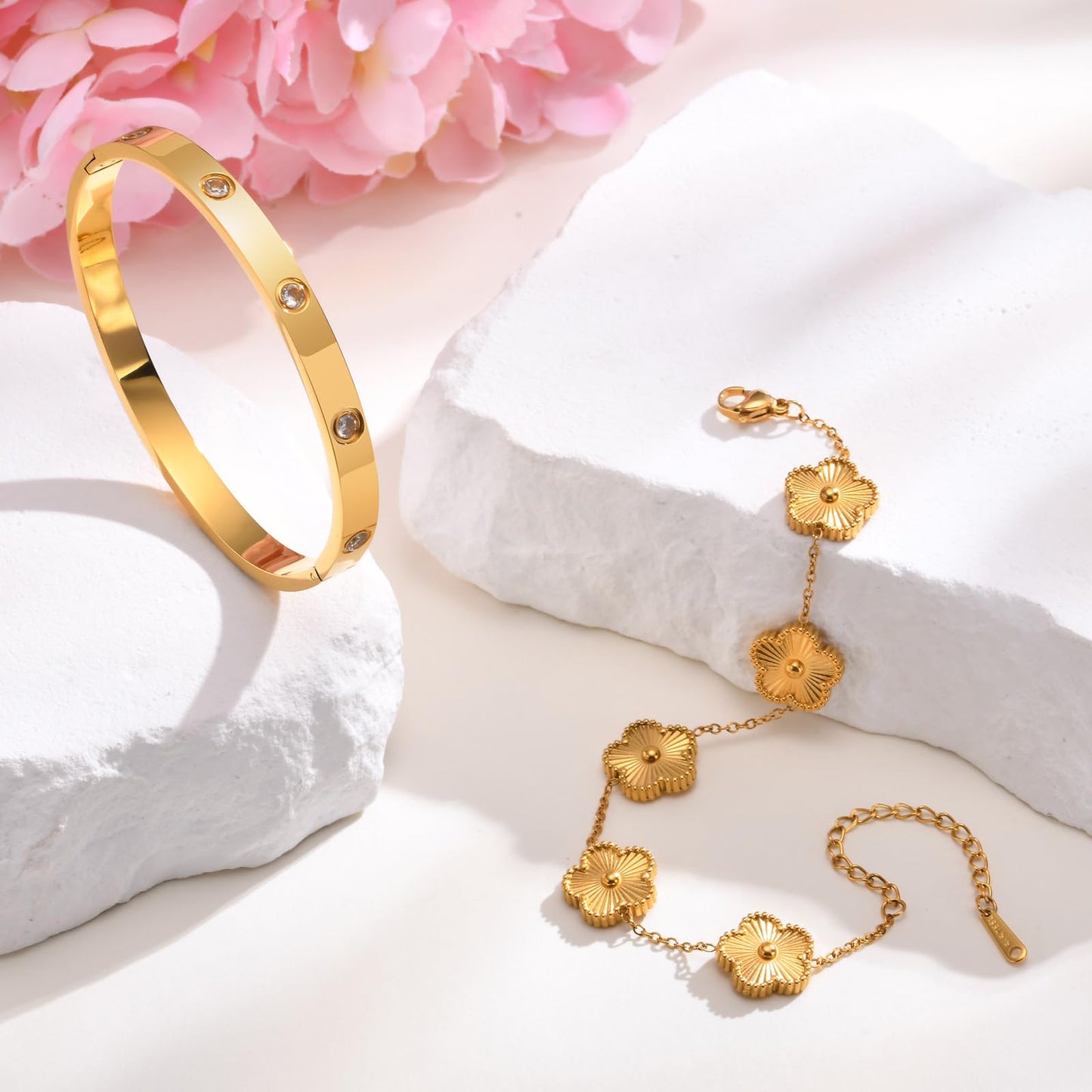 MPRAINBOW Womens Stackable Gold Bracelets Jewelry, 18K Gold Plated Floral Bracelet,Bangles Non Tarnish, Gold Cubic Zirconia Chain Set Trendy Gift,Christmas Valentines Birthday Gifts for Girlfriend