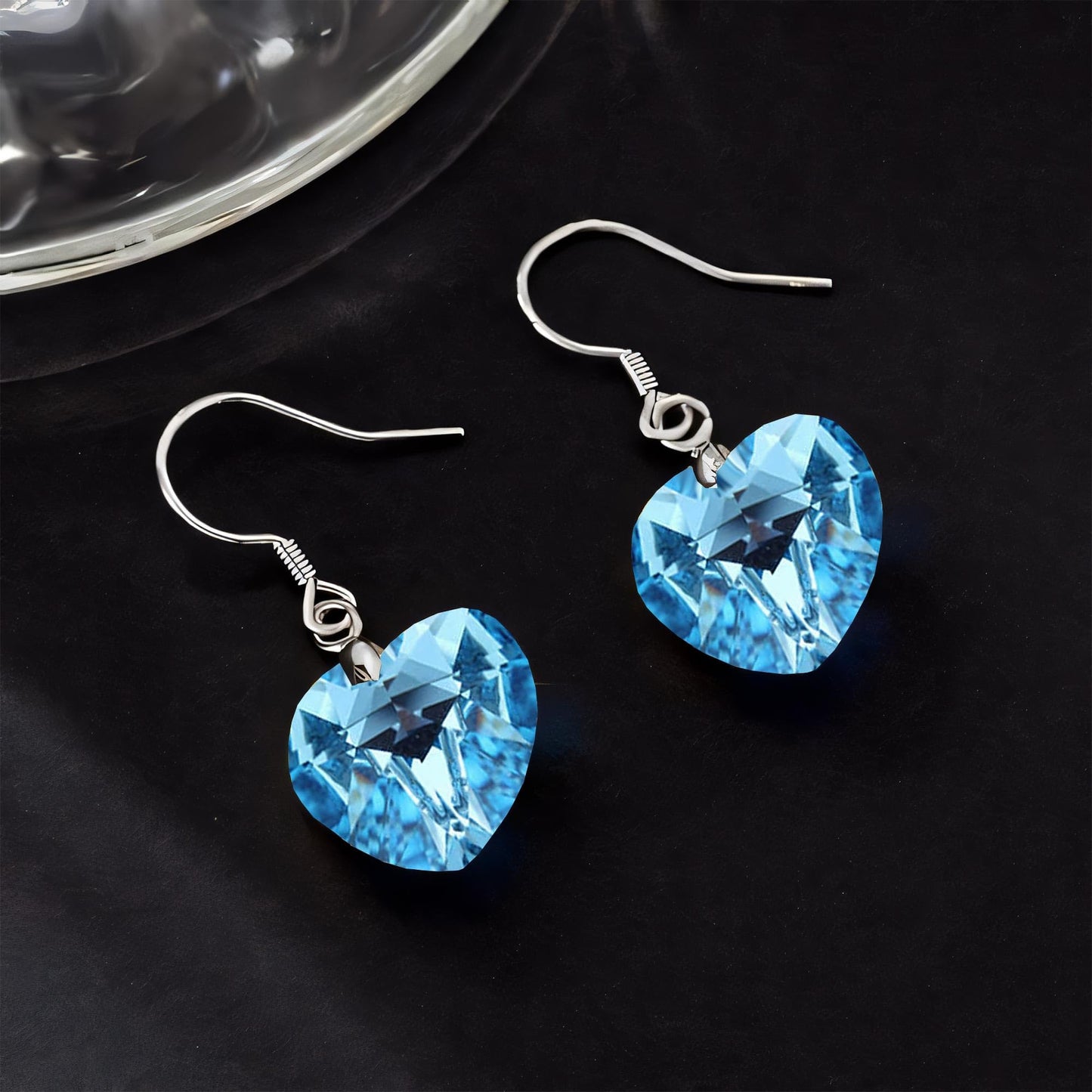 Austrian Crystal Heart Drop Dangle Earrings for Women 925 Sterling Silver Hook Hypoallergenic Earring (Aquamarine)