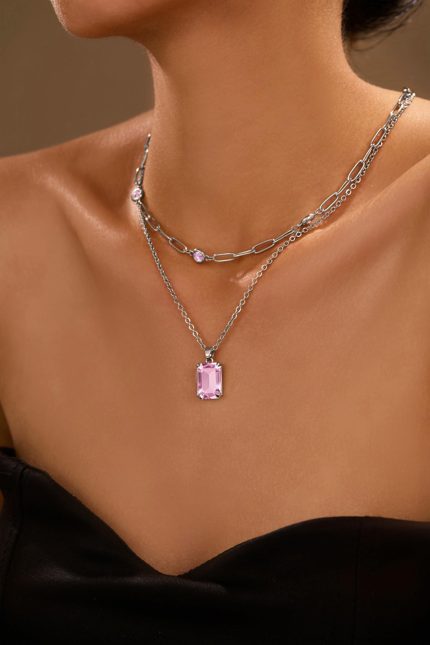VANGETIMI Pink and Silver Layered Pendant Necklaces for Women Silver Plated Crystal Choker Necklace Paperclip Rhinestone Necklace Party Prom Jewelry