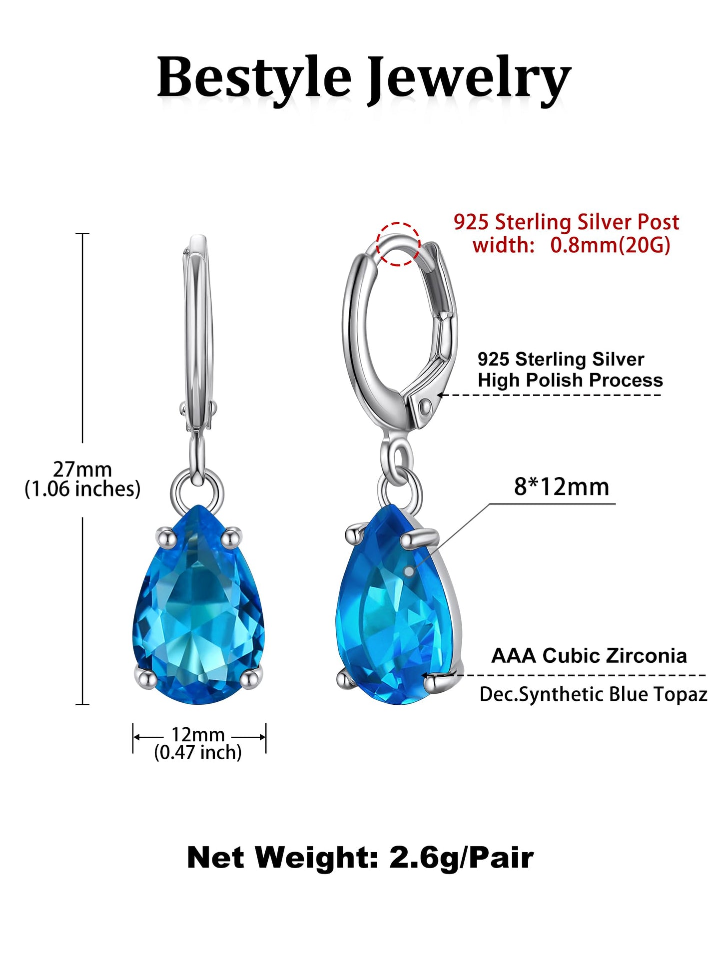 Bestyle Created Blue Topaz Drop Birthstone Earrings for Women -Small Silver Teardrop Dangle Earrings for Women - Dainty Cute Earrings Gift for Birthday Mother's Day Wedding Party