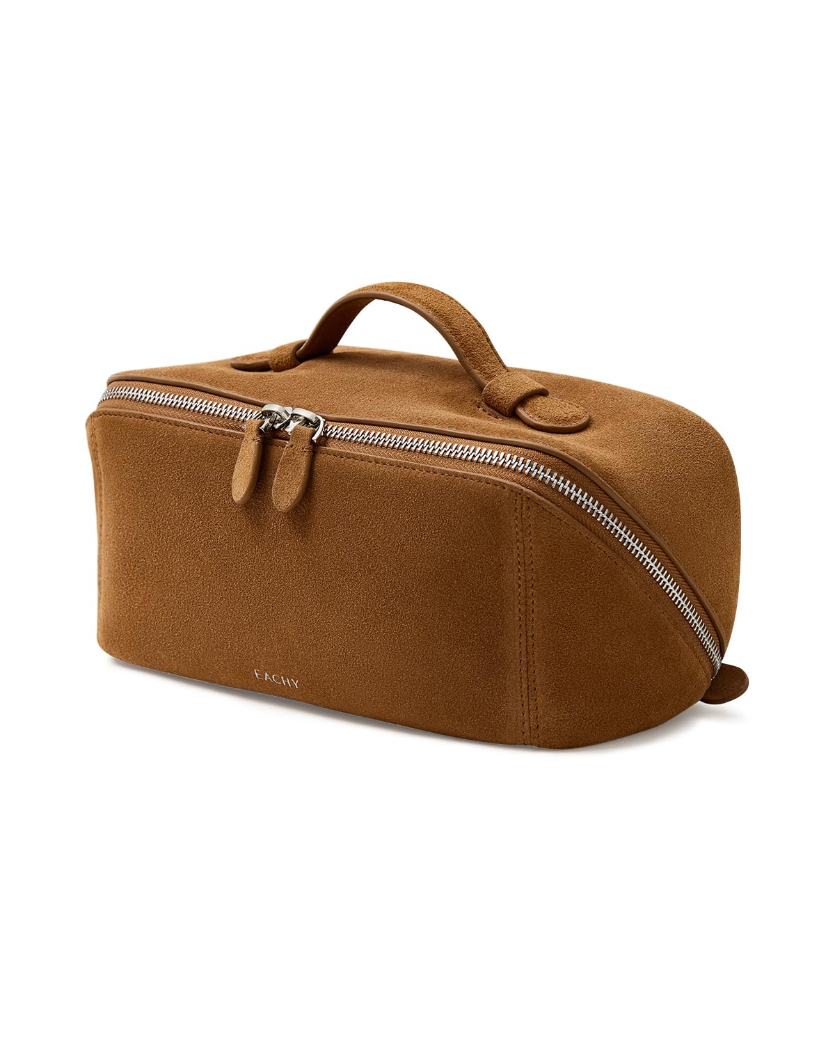EACHY Leather Makeup Bag, Portable 180° Wide-Open Flat Cosmetic Bag for Women, Large Capacity Make Up Organizer Makeup Pouch with Divider and Handle