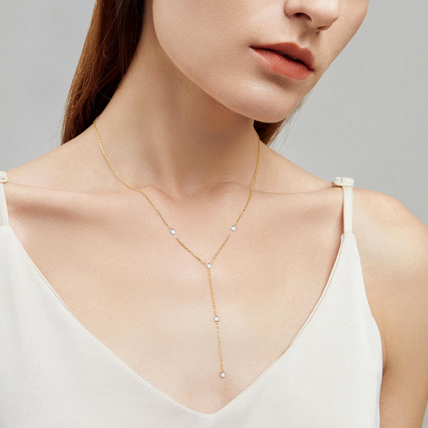 EPIRORA Y-Shaped Lariat Necklace for Women, Dainty Long Layered CZ Teardrop Pendant Necklace 14K Gold Plated Adjustable Chain Trendy Jewelry Gifts for Women