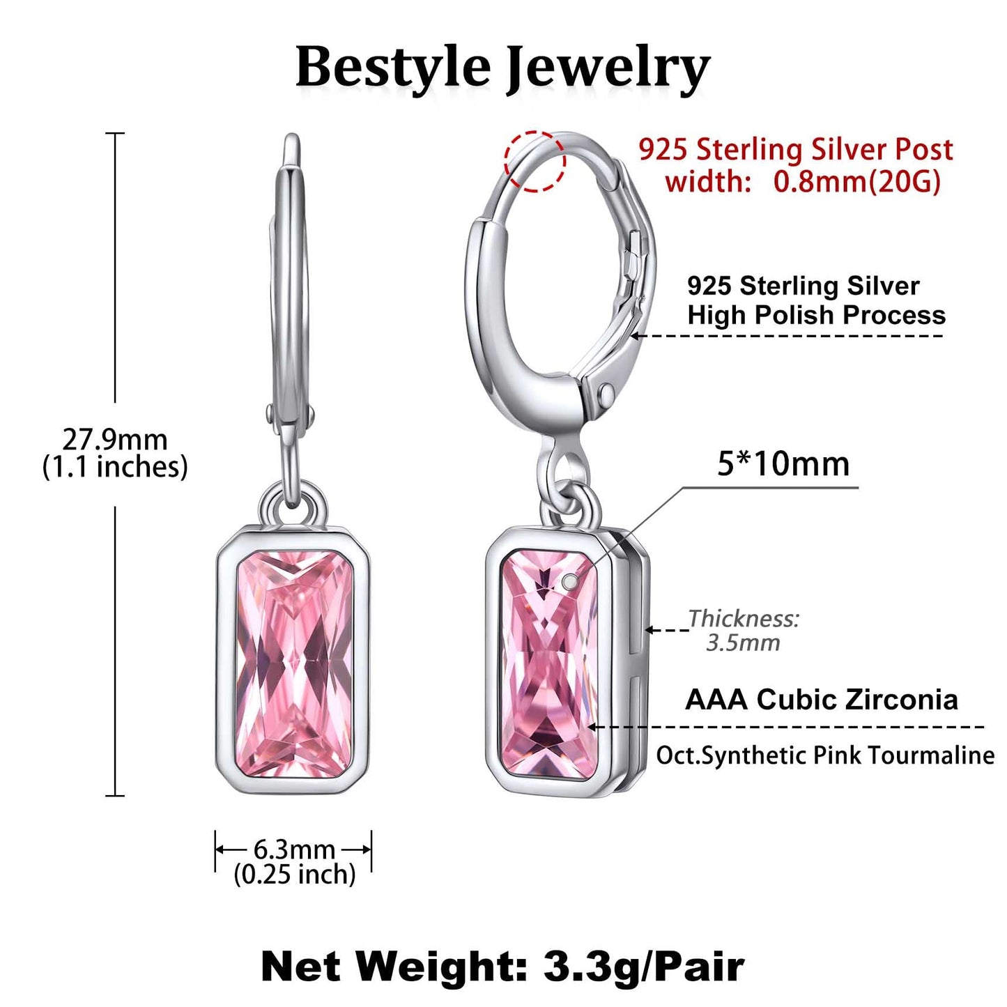 Bestyle Silver Pink Tourmaline Drop Earrings | Hypoallergenic Silver Huggie Hoop Leverback Earrings | Small Sparkle October Birthstone Dangle Earrings For Women