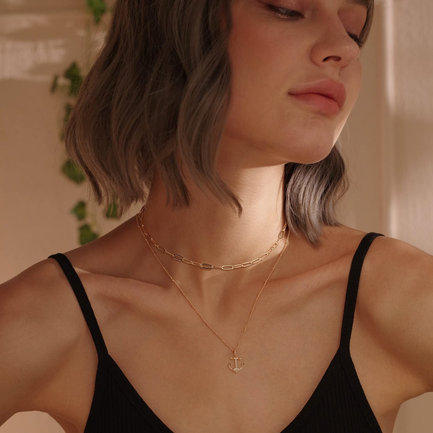 MEVECCO Gold Layered Choker Necklace for Women, 18K Gold Plated Dainty CZ Anchor Pendant Minimalist Paperclip Double Layer Necklace for Jewelry