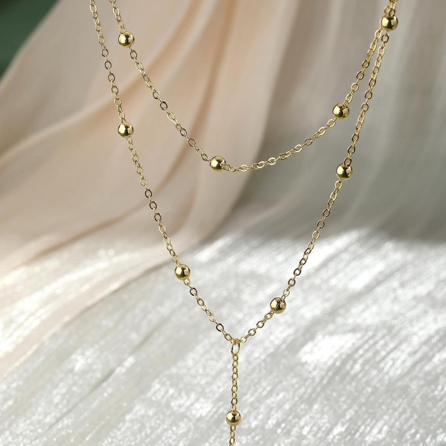 JIKASI Lariat Gold Necklaces for Women Trendy Dainty Long Necklace 14k Gold Plated Layered Drop Rosary Beaded Chain Necklaces Y-Shaped Pendant Necklace Simple Gold Jewelry Gifts