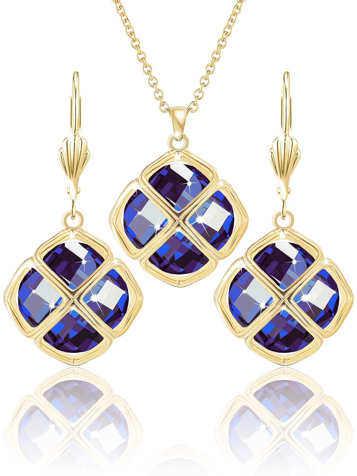 Qinpan 14MM Crystal Pendant Dangle Necklace Earrings Sets for Women Glod Plated Costume Jewelry, 38*17.8mm, Yellow Gold, Sapphire