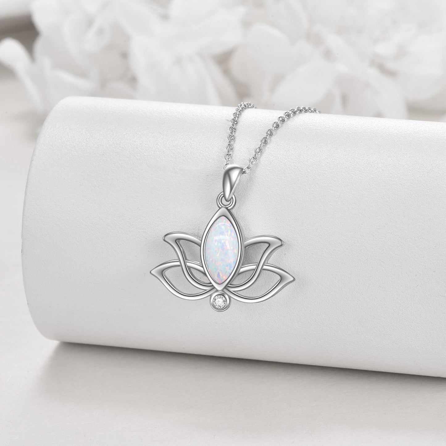YFN Lotus Flower Necklace Sterling Silver White Opal Lotus Pendant Lotus Jewelry Gifts for Women