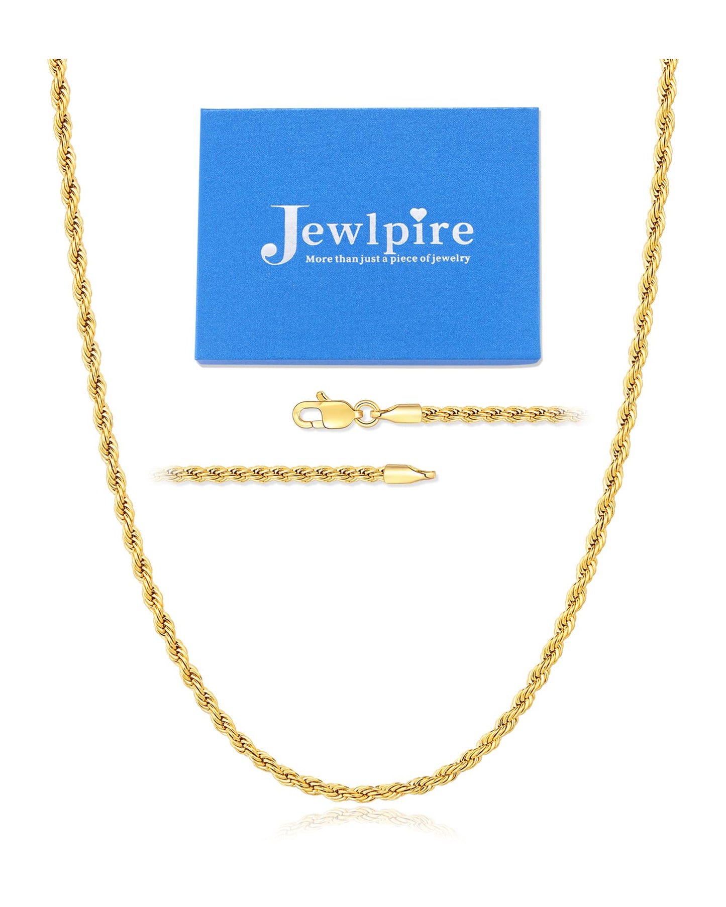 Jewlpire 14K Gold Plated Chain Necklace for Men, 3mm Stainless Steel Rope Chains 14K Gold Plated Chain for Men, Mens Chains Necklace 20 Inch