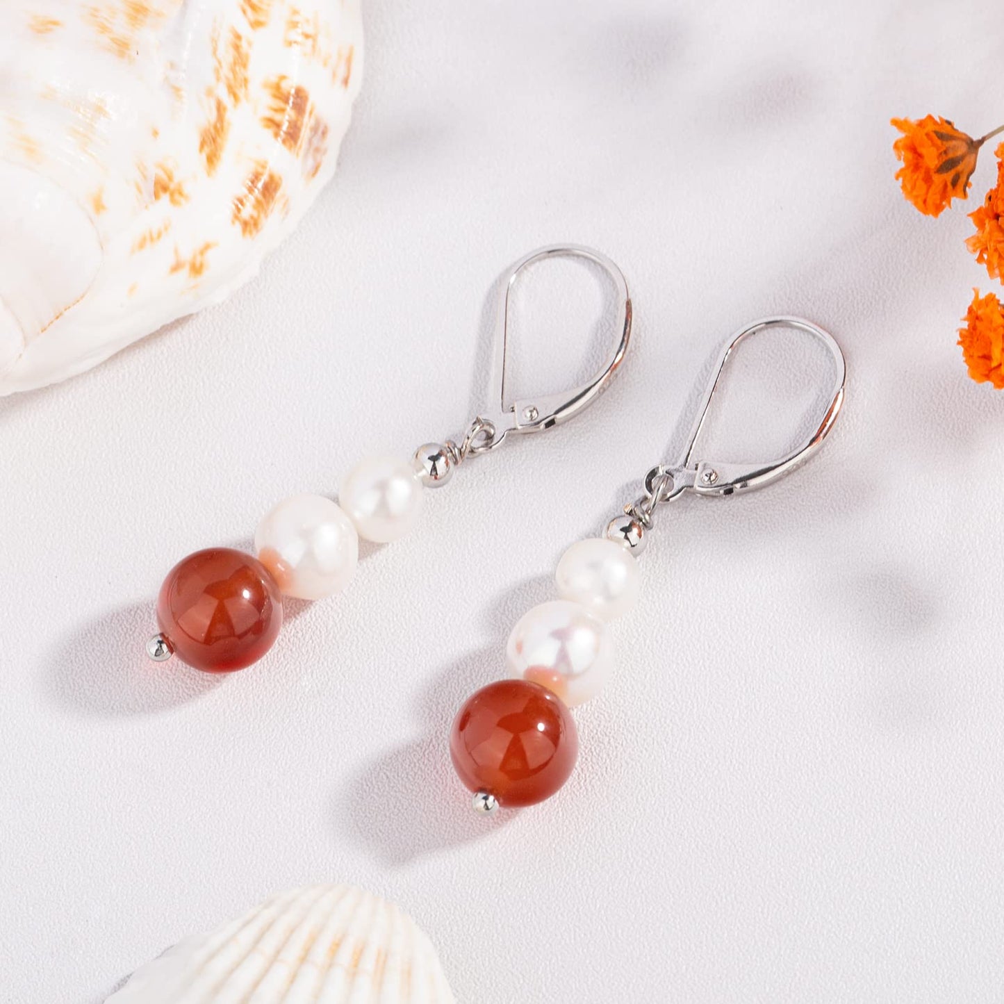 Sterling Silver Freshwater Cultured Pearl Drop Earrings Size 4-8mm Dangle Leverback Earring for Women (Rhodium Plated Carnelian)