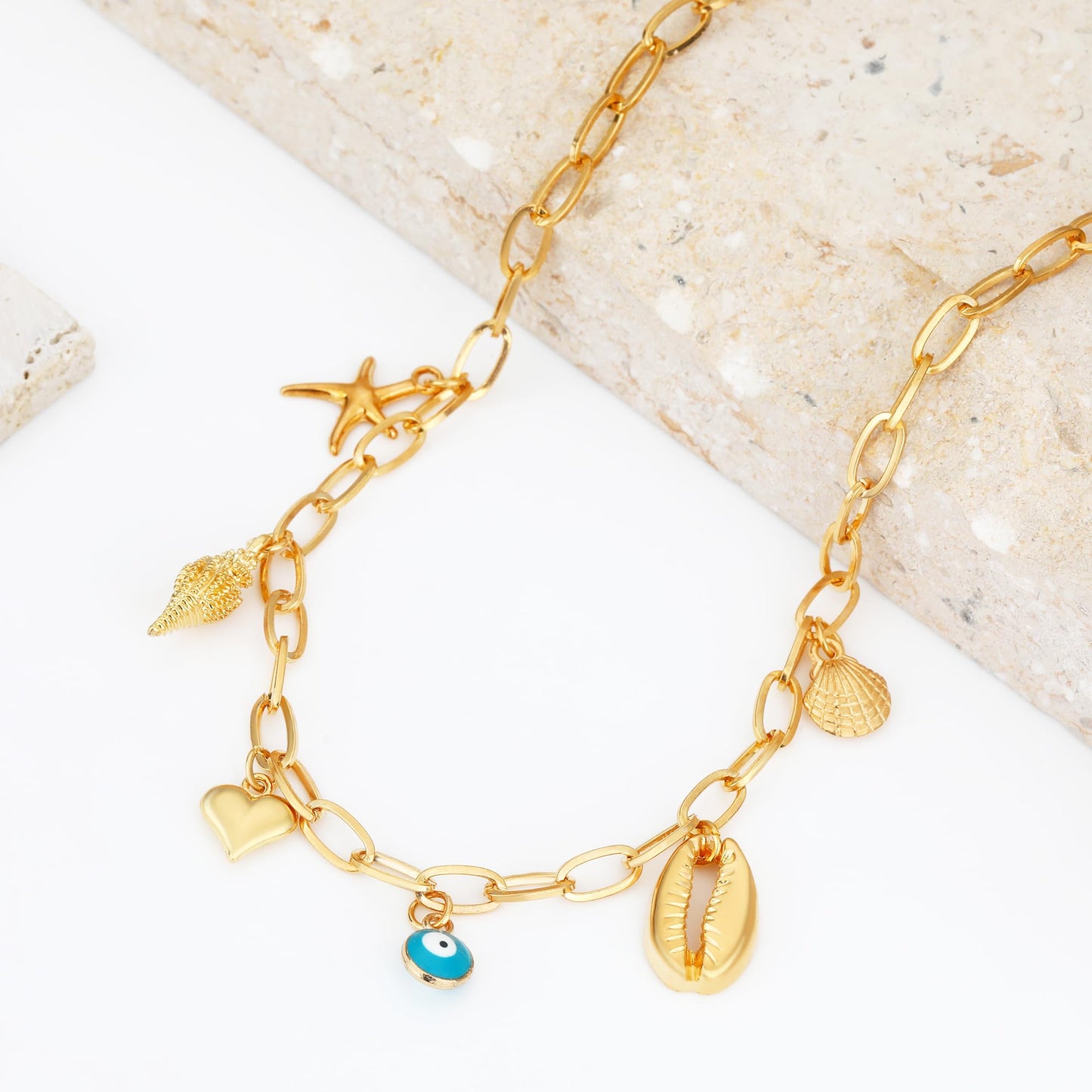 MISS RIGHT Charm Necklace for Women, Dainty Gold Evil Eye Ojo Heart Starfish Seashell Shell Charms Pendant Necklace Paperclip Chain Summer Beach Choker Necklace Jewelry Gifts