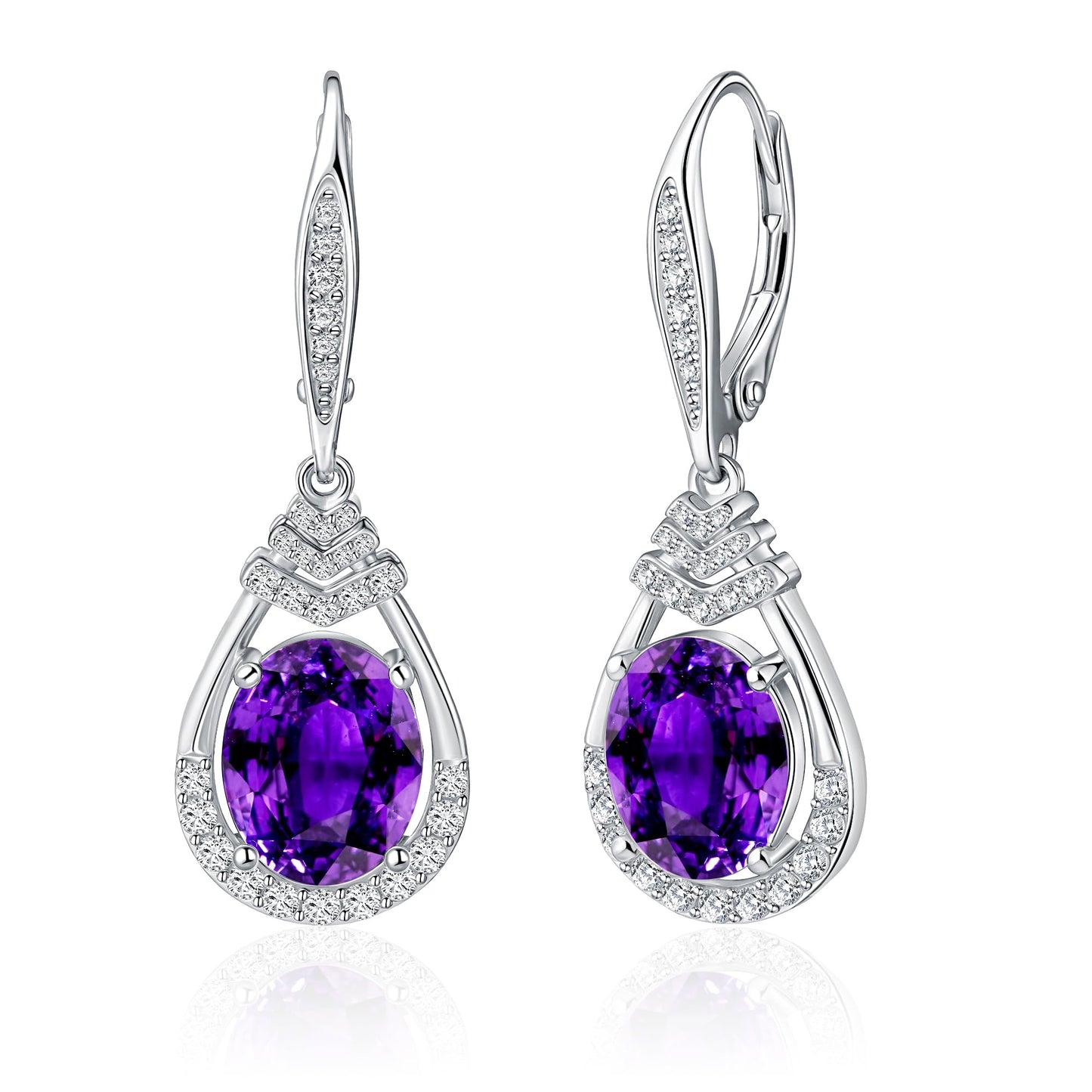 Valentine's Day Gifts for Women |18K G Plated Sterling Silver Birthstone Teardrop Leverback Drop Earring for Women Lady | Wedding Jewelry Gifts for the Bride | Hypoallergenic Oval Cut CZ Earrings (Silver-02-Feb.-Amethyst)