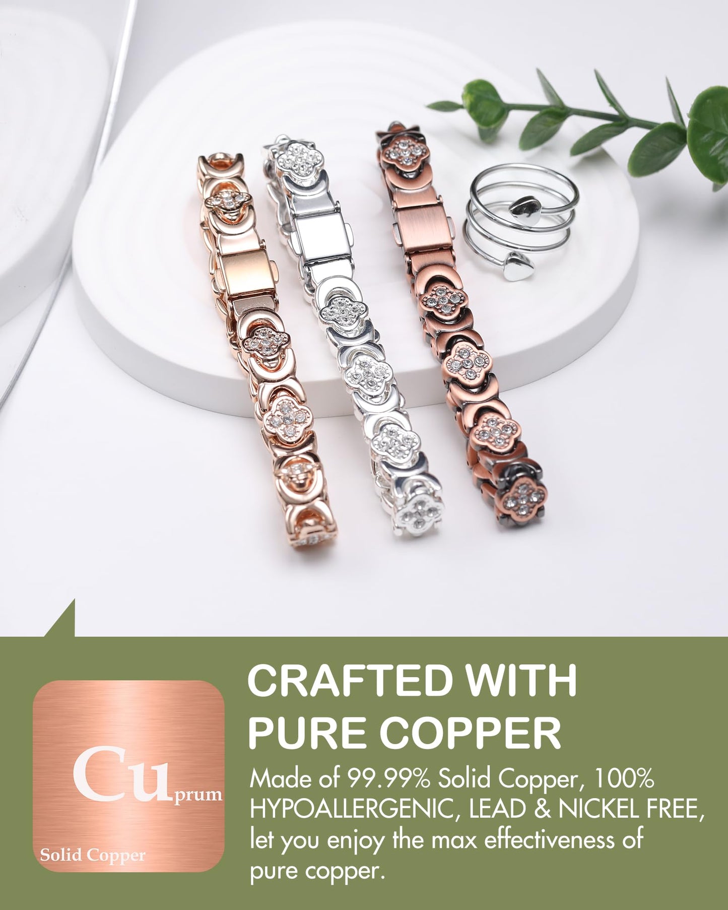 Feraco Pure Copper Bracelets & Rings for Women, Ultra Strength Magnetic Bracelet for Women with Neodymium Magnets & Sparkling Cubic Zirconia, Adjustable, Infinite Clover Jewelry (Silver)