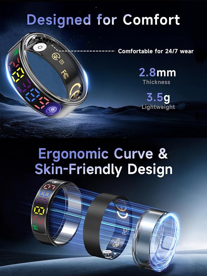 Smart Ring for Women Men, Health Ring with Colorful Display, Fitness Tracker with Heart Rate, Blood Oxygen, Sleep Monitor, No Subscription Fee, 5ATM Waterproof for iPhone & Android (Black, 8)