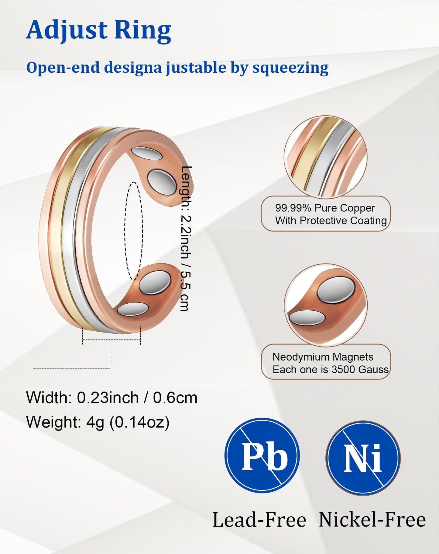 MagSølv 2PCS Copper Rings for Women, 99% Pure Copper Adjustable Magnetic Ring with 4 Magnets, Two-Tone Gold Jewelry