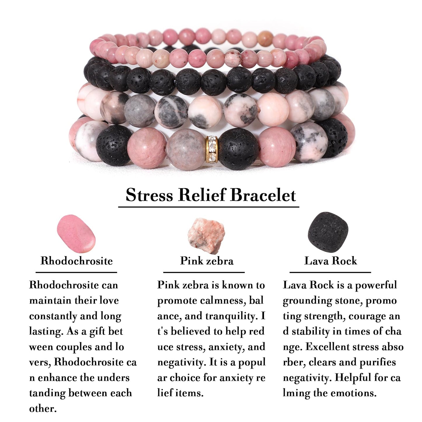 Vinswet 4pcs Natural Stone Beaded Bracelets for Women Men,Healing Crystal Gemstones Stretch Bracelet,4mm 6mm 8mm 10mm Pink zebra Lava Rock Rhodochrosite Anxiety Stress Relief Bracelet Jewelry Gifts