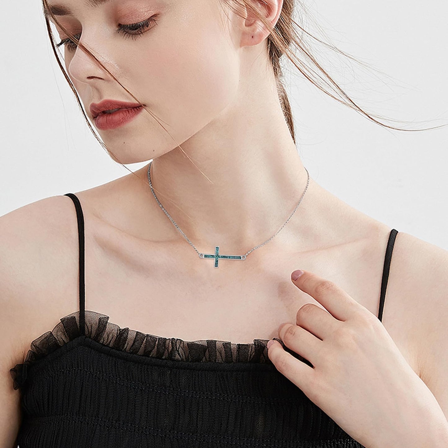 YFN Sideways Cross Necklace Sterling Silver Turquoise Cross Pendant Jewelry Gifts for Women Men