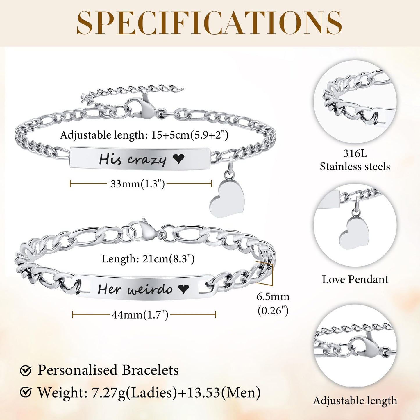 Personalized Matching Bracelet for Couple - Free Engraving Custom Couples Bracelets,Hypoallergenic Adjustable Stainless Steel Long Distance Relationship Bracelet,Promise Bracelet Gifts for Him and Her