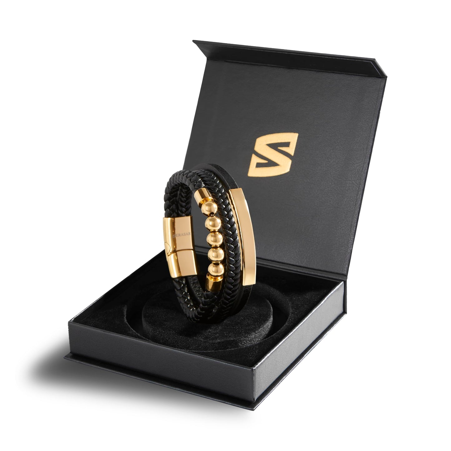 SERASAR Men's Bracelets 20cm Gold Gift Box Genuine Cowhide Leather Braided Adjustable Magnetic Clasp Multilayer Jewelry Rope Male Band Accessories