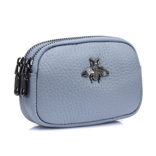 Yocipa Genuine Leather Coin Purse for Women Small Double Zipper Wallet Mini Change Pouch with Bee Charm for Cash Cards Keys Cute Compact Organizer (Light Blue)