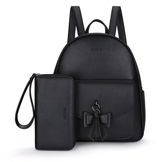 ECOSUSI Women Backpack Purse Water Resistant PU Leather Backpack Fashion Rucksack Ladies College Daypack with Tassel,2 Pcs