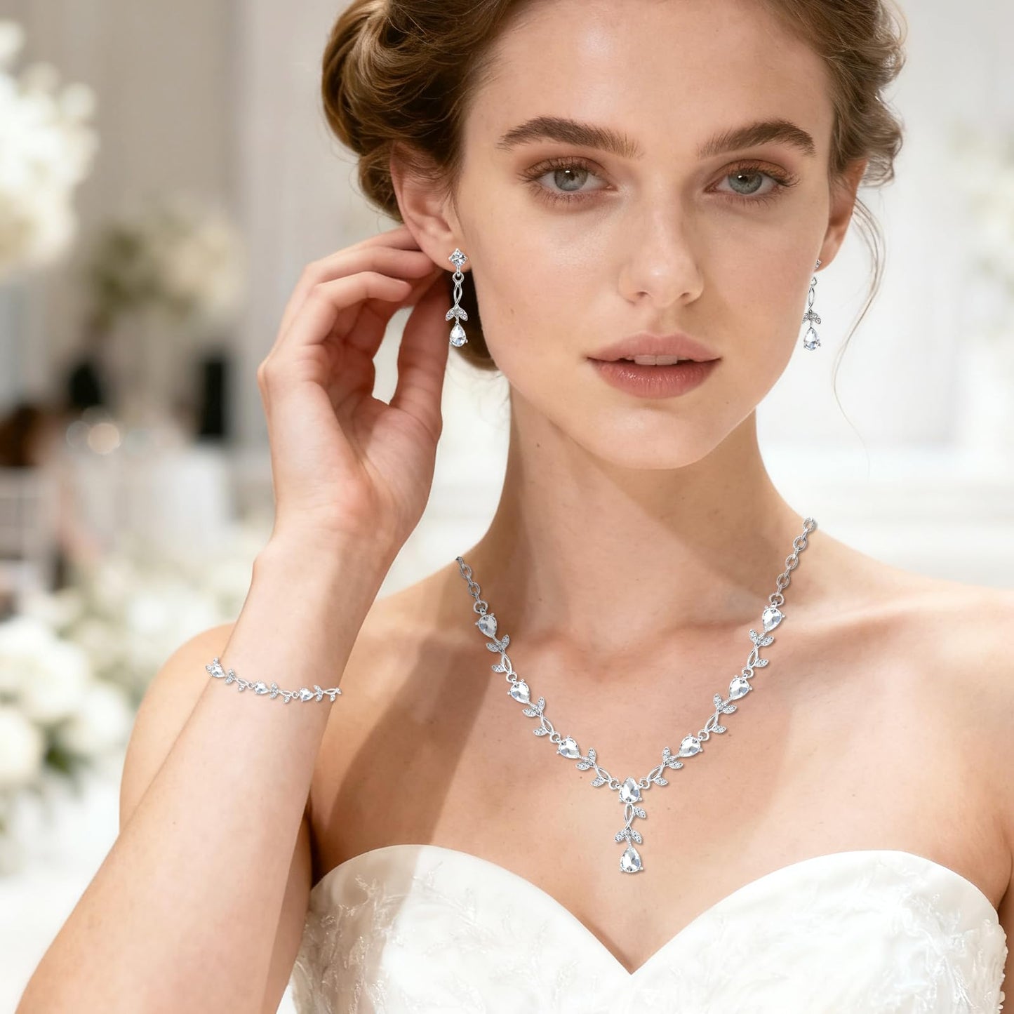 Yaletis Bridal Cubic Zirconia Jewelry Set for Women – Silver Plated Necklace, Earrings & Bracelet Wedding Jewelry Set, Allergy Free Sparkling CZ Set for Brides, Bridesmaids Party Occasions