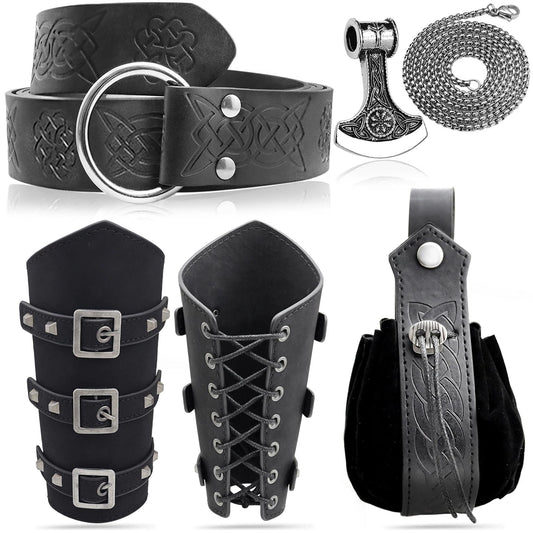 5pcs Medieval Viking Knight Bracers Arm Guards,Knight Belt,Drawstring Purse Pouch Bag and Stainless Steel Chain Axe Necklace Set for Renaissance Faires,LARP events,or Halloween costumes,5 Black set