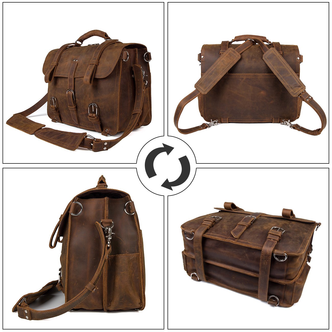 Augus Leather Messenger Bag for Men Briefcase Travel Backpack Shoulder Bag Fit 17'' Laptop