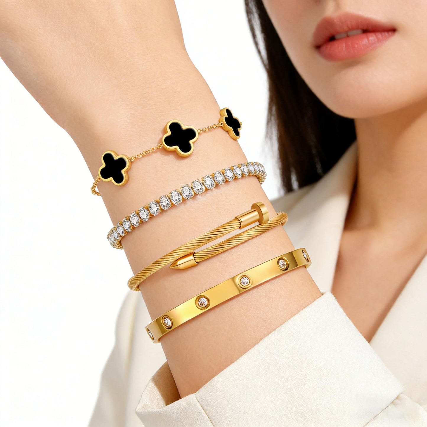 Gold Bracelets for Women, 18K Gold Plated Women Tennis Bracelets Clover Nail Love Bangle Bracelet Set, Gold Bracelet Stackable Set Trendy Jewelry, Gifts for Women's Day and Mother's Day (10-Color- 4 Black)