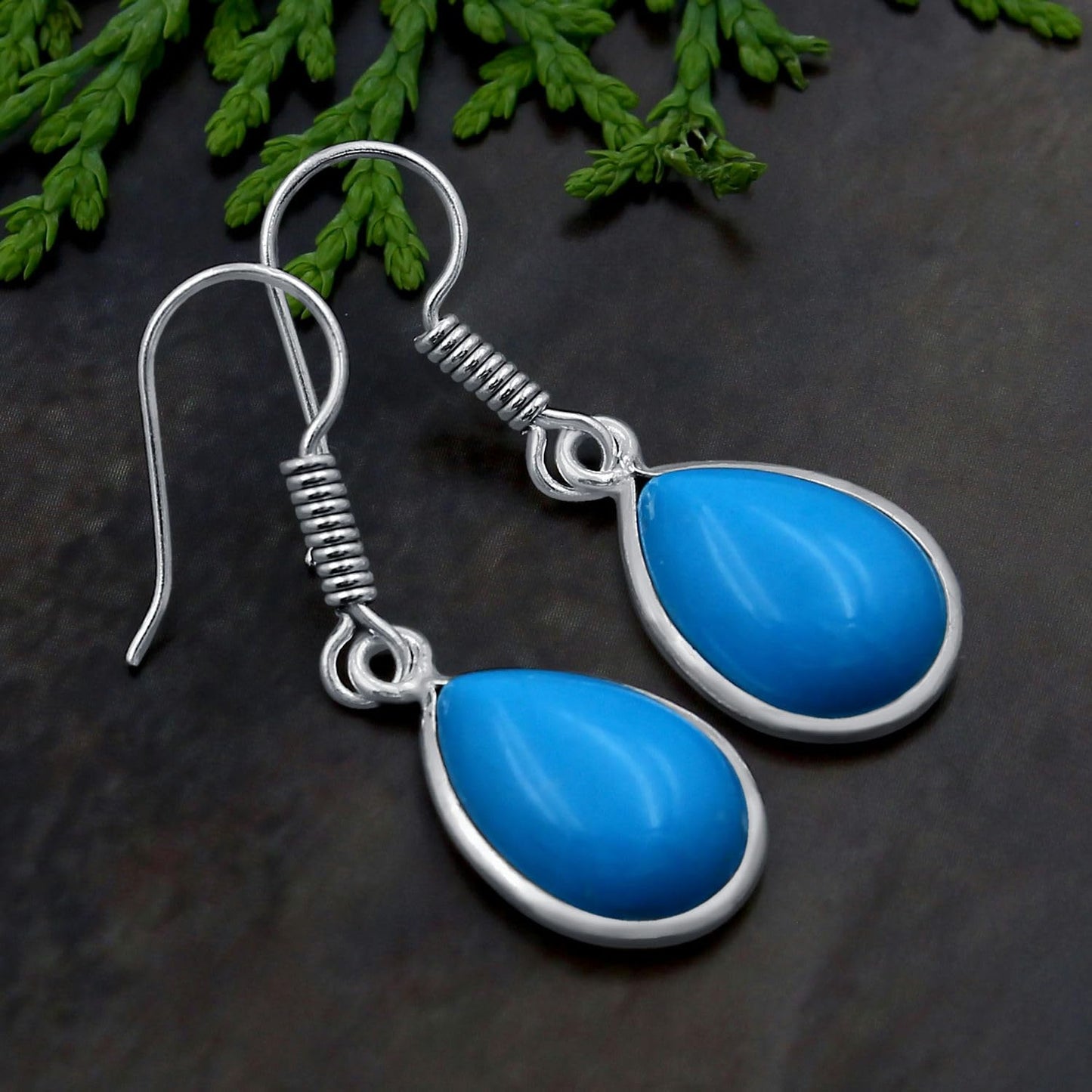 Simulated Blue Sleeping Beauty Turquoise Sterling Silver Plated Dangle Earrings for Women - Blue Stone Teardrop Shape Handmade Dangle & Drop Earrings Jewelry Gifts for Her