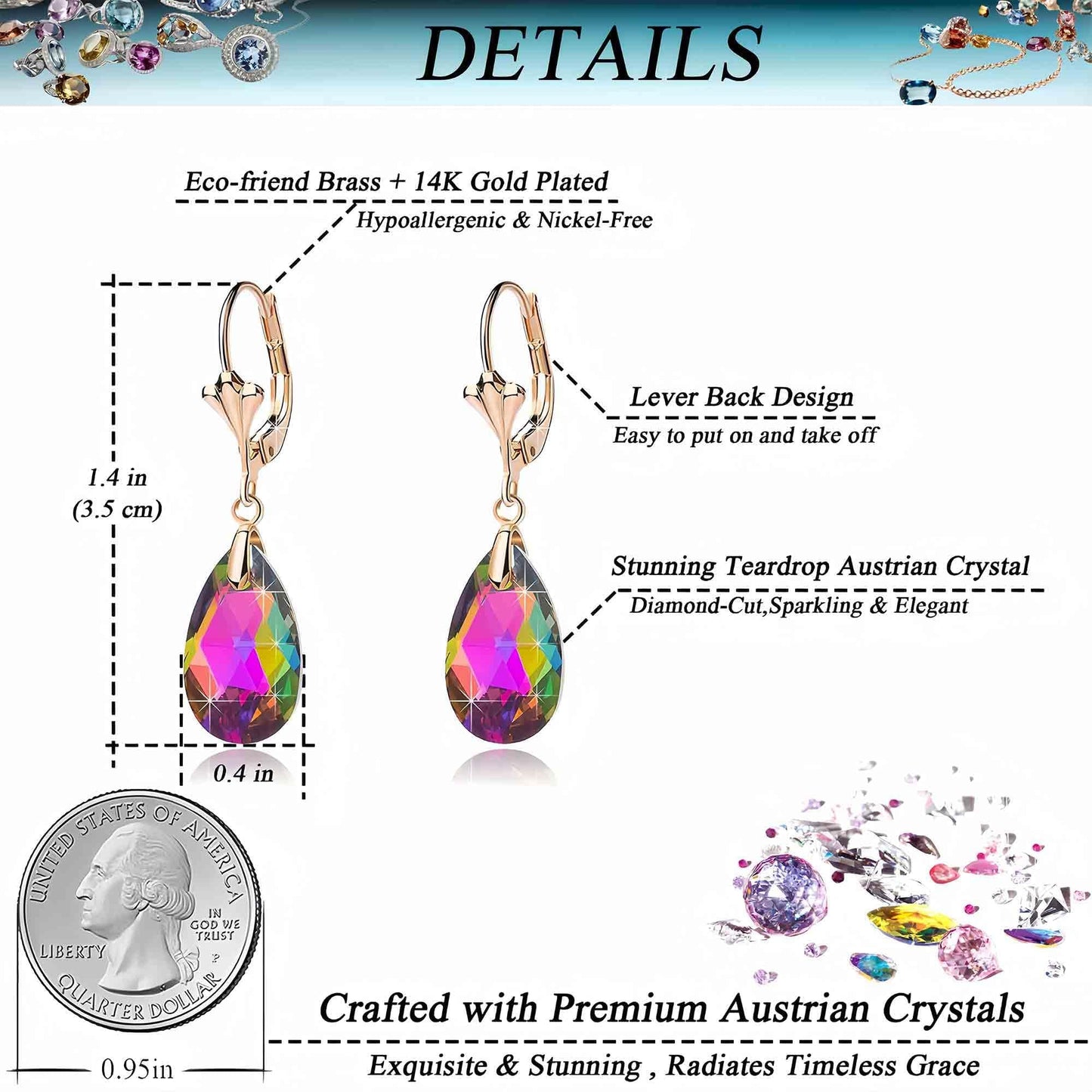 Austrian Crystal Teardrop Leverback Dangle Earrings for Women Fashion 14K Gold Plated Hypoallergenic Jewelry (Vitrail Medium)