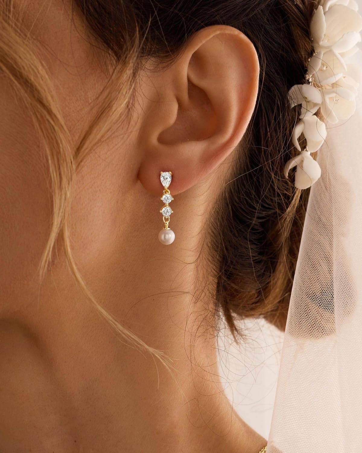 PRTGL Pearl Earrings - 14 Gold Plated Round and Teardrop Cut Cubic Zirconia Pearl Drop Dangle Earrings for Women Wedding Bridal