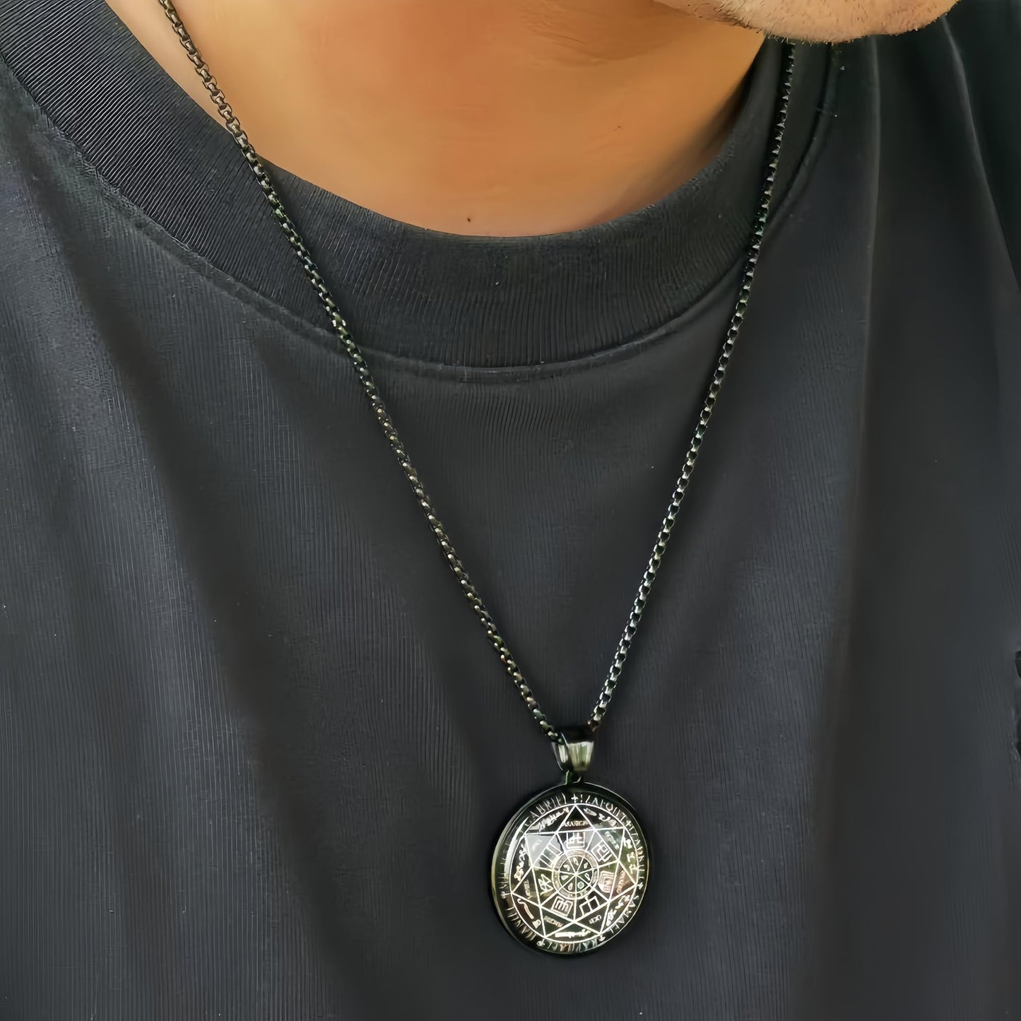 Joddfly Seven Angel Medal Pendant Stainless Steel Glass Solomon Talisman Necklace Guardian Jewelry Men and Women 24 inch Gift Set (black)