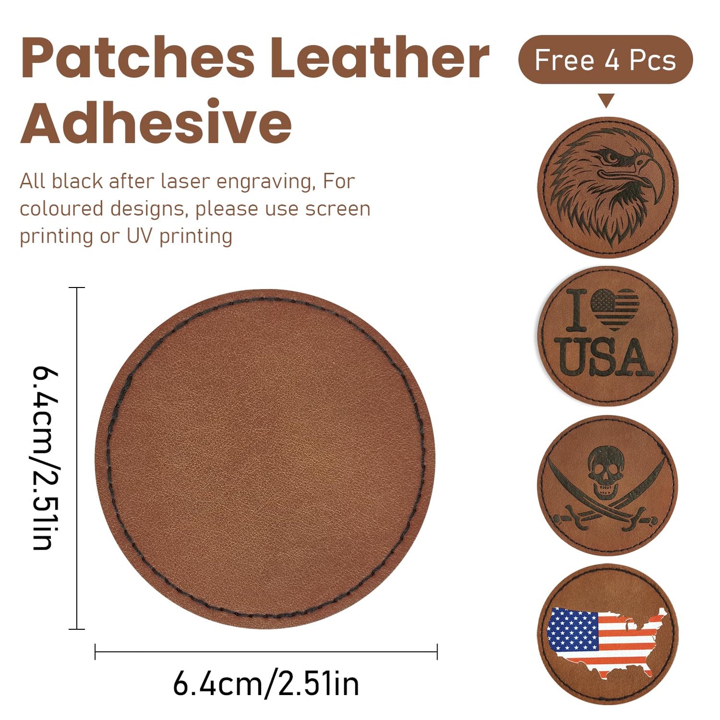 64Pack Blank Leather Hat Patches with Adhesive Backing, Laserable and Iron-on Leatherette Patch, Faux Leather Patches for Hats Custom Fabric Repair Sew Supplies (Round Brown)