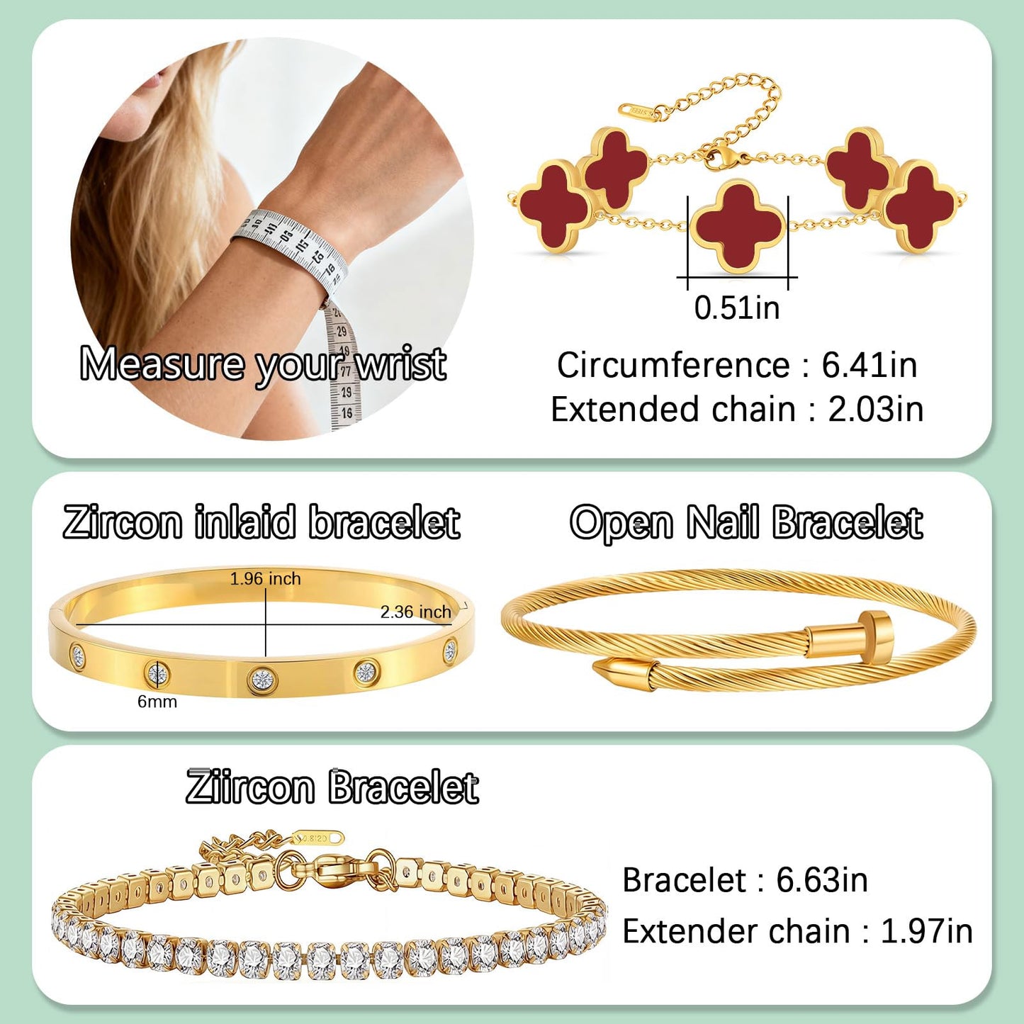 Gold Bracelets for Women, 18K Gold Plated Women Tennis Bracelets Clover Nail Love Bangle Bracelet Set, Gold Bracelet Stackable Set Trendy Jewelry, Gifts for Women's Day and Mother's Day (12-Color- 4 Red)