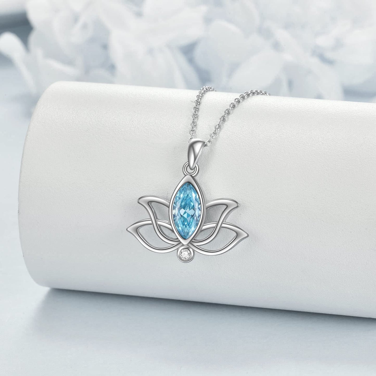 YFN Lotus Necklace Sterling Silver March Birthstone Pendant Created Aquamarine Jewelry Gifts for Women (Mar)