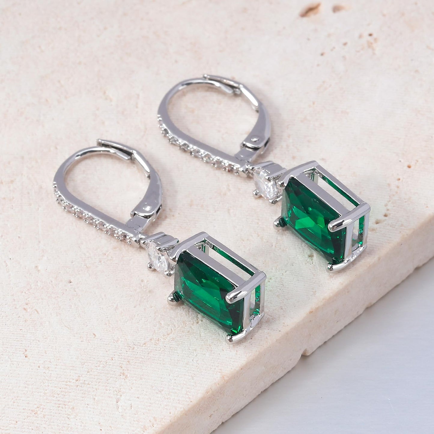 CiNily Leverback Earrings for Women Rectangular-cut Drop Dangle Earrings Hypoallergenic, 14K White Gold Plated Emerald Green Cubic Zircon Earrings Diamond Dangle Earrings Jewelry Birthday
