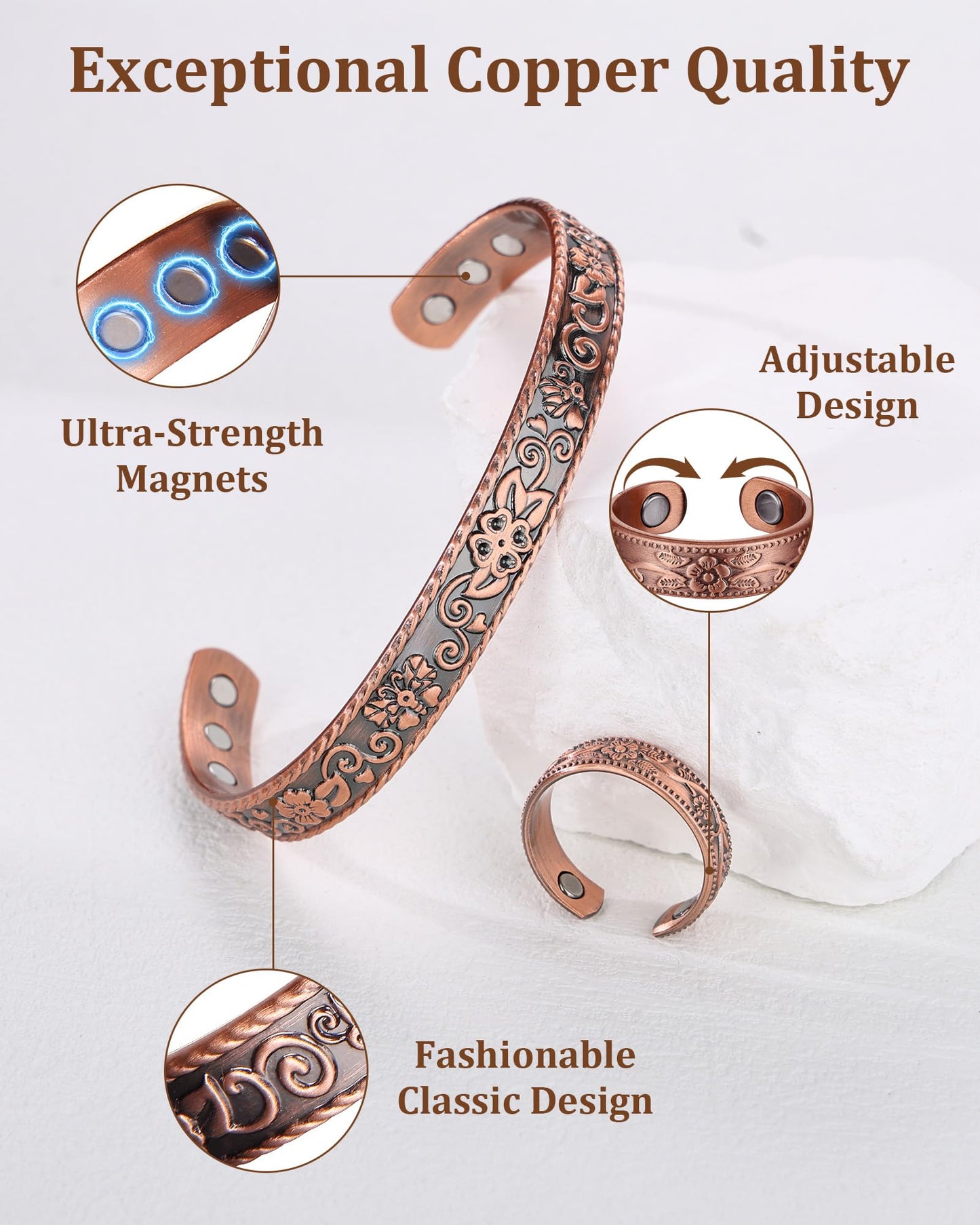 BioMag 99.99% Pure Copper Bracelet&Ring for Men and Women, Adjustable Magnetic Bracelet & Ring with Built-in Strong Magnets, Elegant Vintage Flower Design, Jewelry Christmas Gift