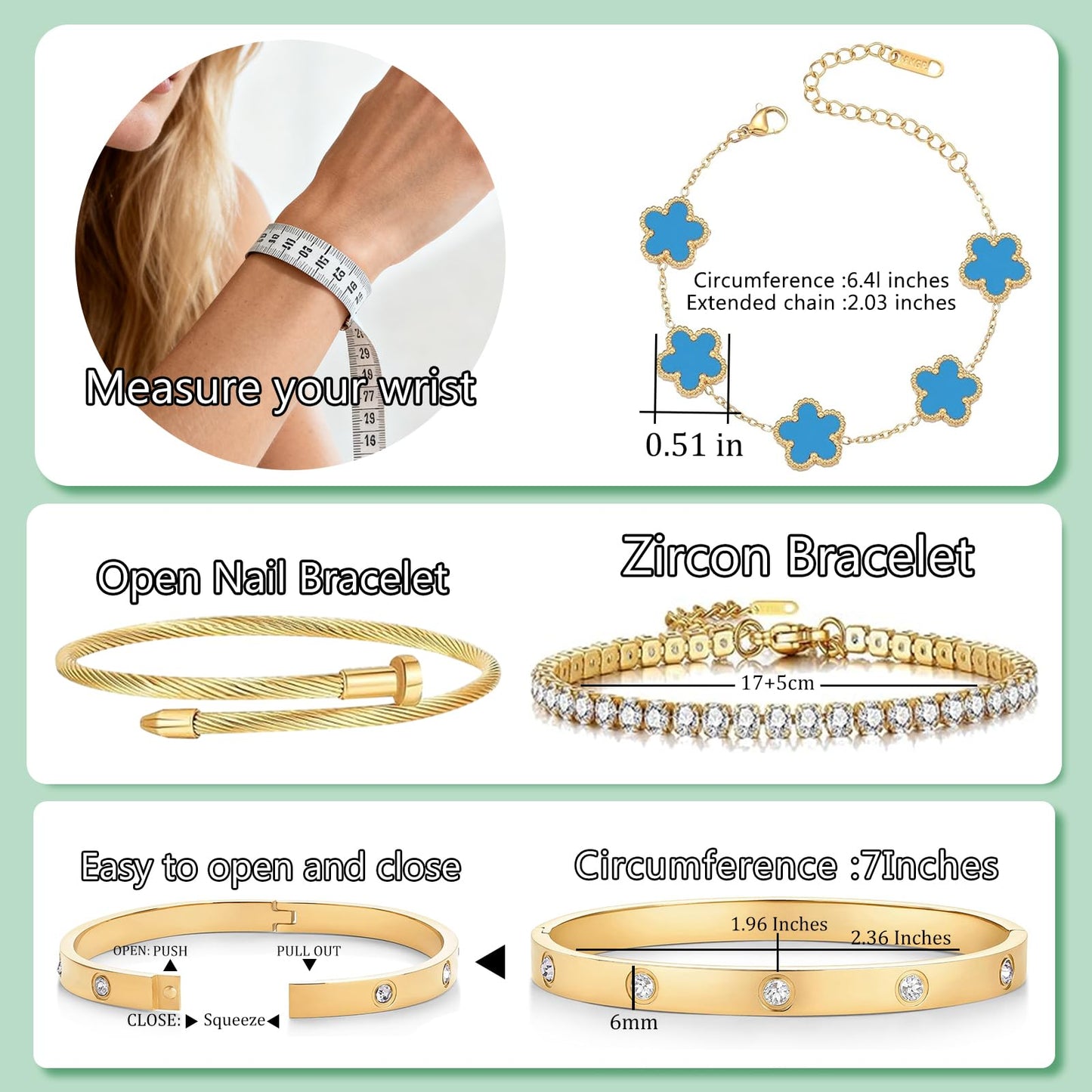 Gold Bracelets for Women, 18K Gold Plated Women Tennis Bracelets Clover Nail Love Bangle Bracelet Set, Gold Bracelet Stackable Set Trendy Jewelry, Gifts for Women's Day and Mother's Day (01-Color-blue)