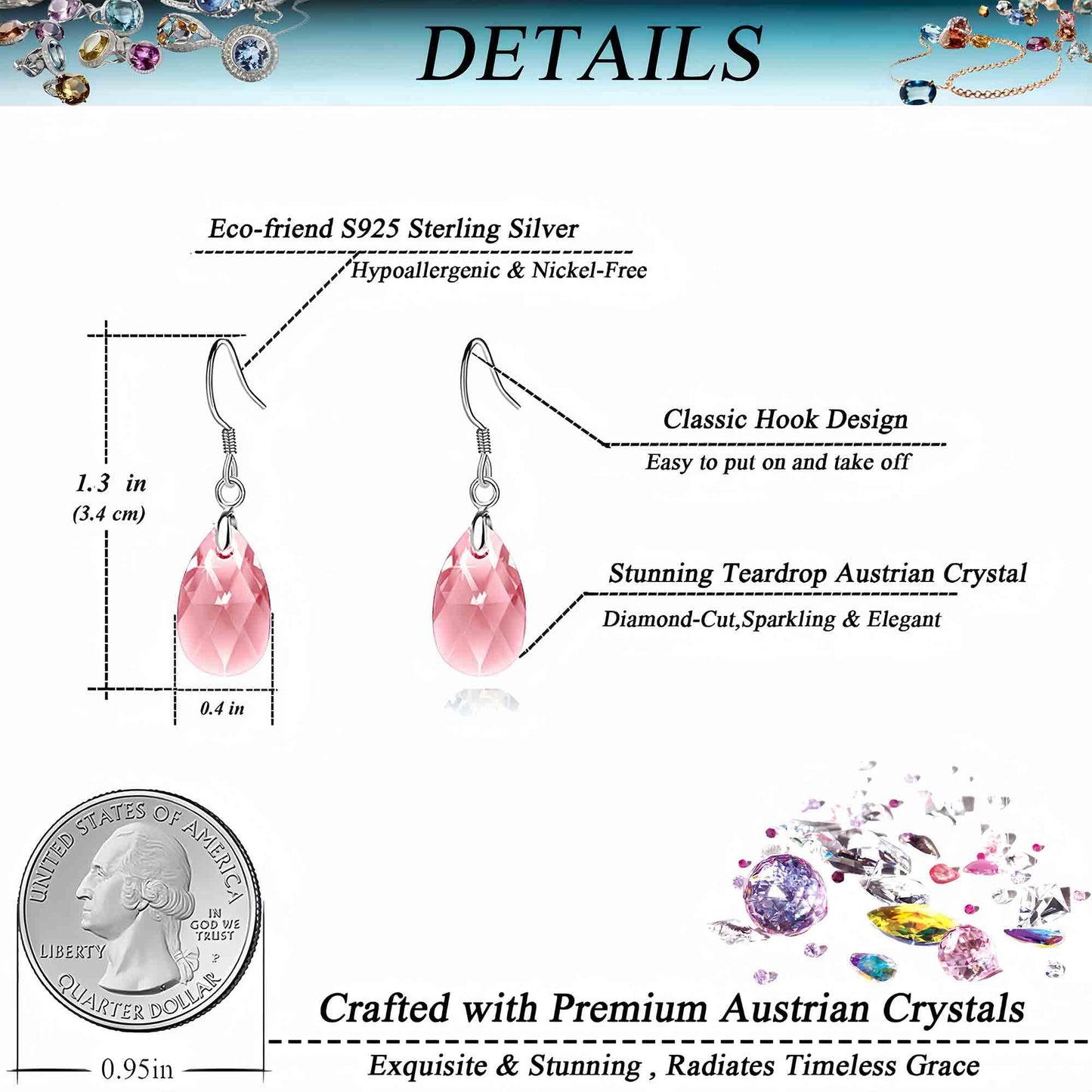 Teardrop Austrian Crystal Drop Dangle Earrings for Women 925 Sterling Silver Hook Hypoallergenic Earring (Pink)
