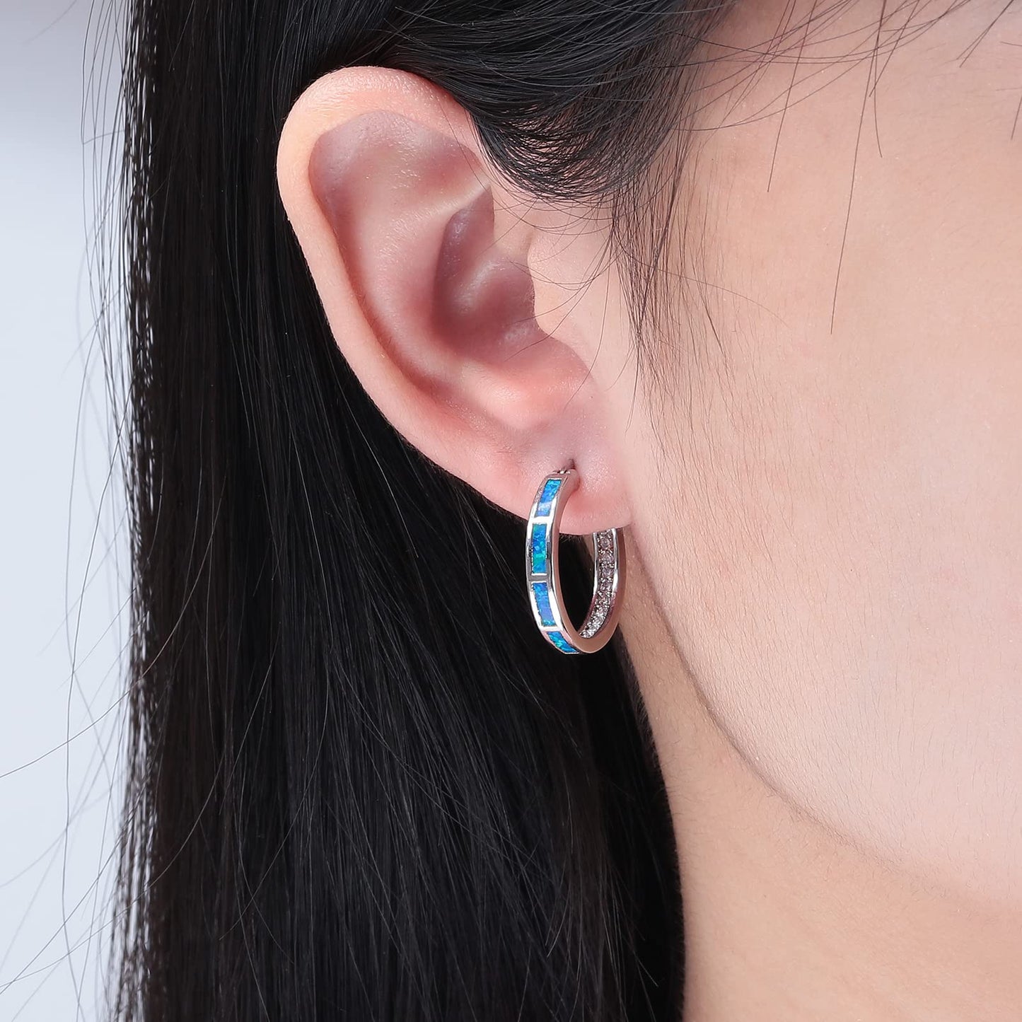 CiNily Women's Hoop Earrings for Her Blue Opal Earrings White Gold Plated Hypoallergenic Small Round Ear Hoops Ladies White Gemstone Hoop Earrings Jewelry 20mm