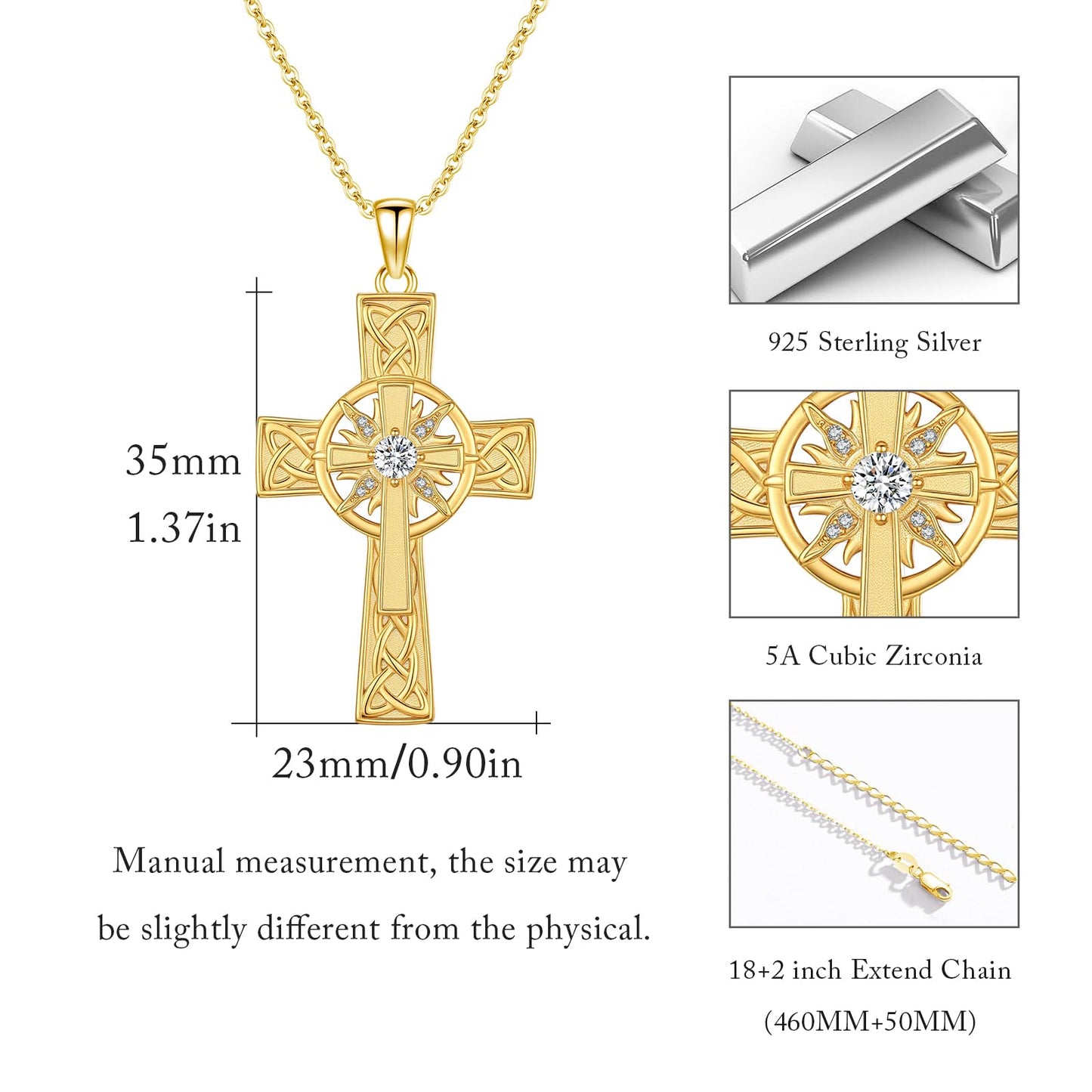 YEESIA Cross Necklace for Women 925 Sterling Silver Gold Plated Sun Crucifix Pendant Necklace Celtic Cross Jewelry Mothers Day Gifts for Women Wife Sister