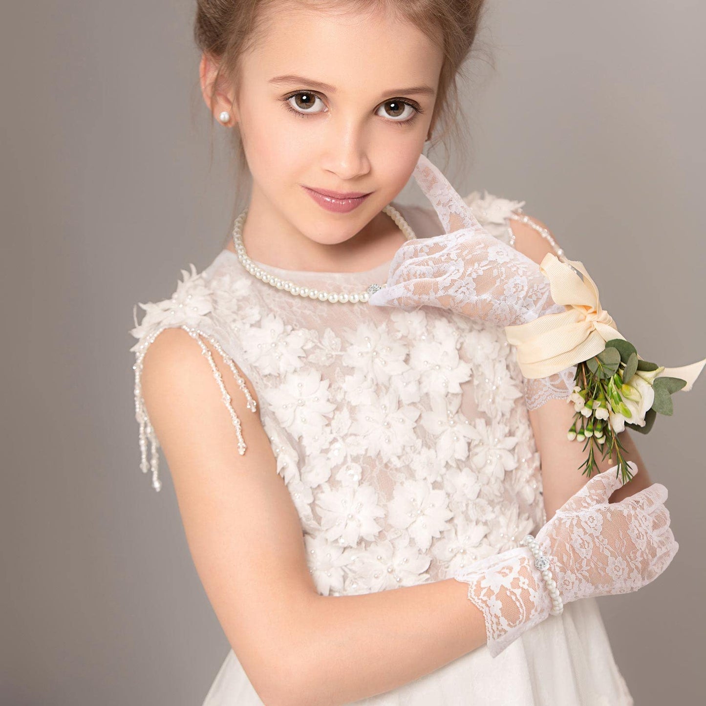 Geyoga 4 Pcs Pearl Necklace Set for Little Girls Toddler Girls Jewelry Communion Gloves for Kids Christmas Tea Party Wedding(Exquisite Style,4-8 Years)