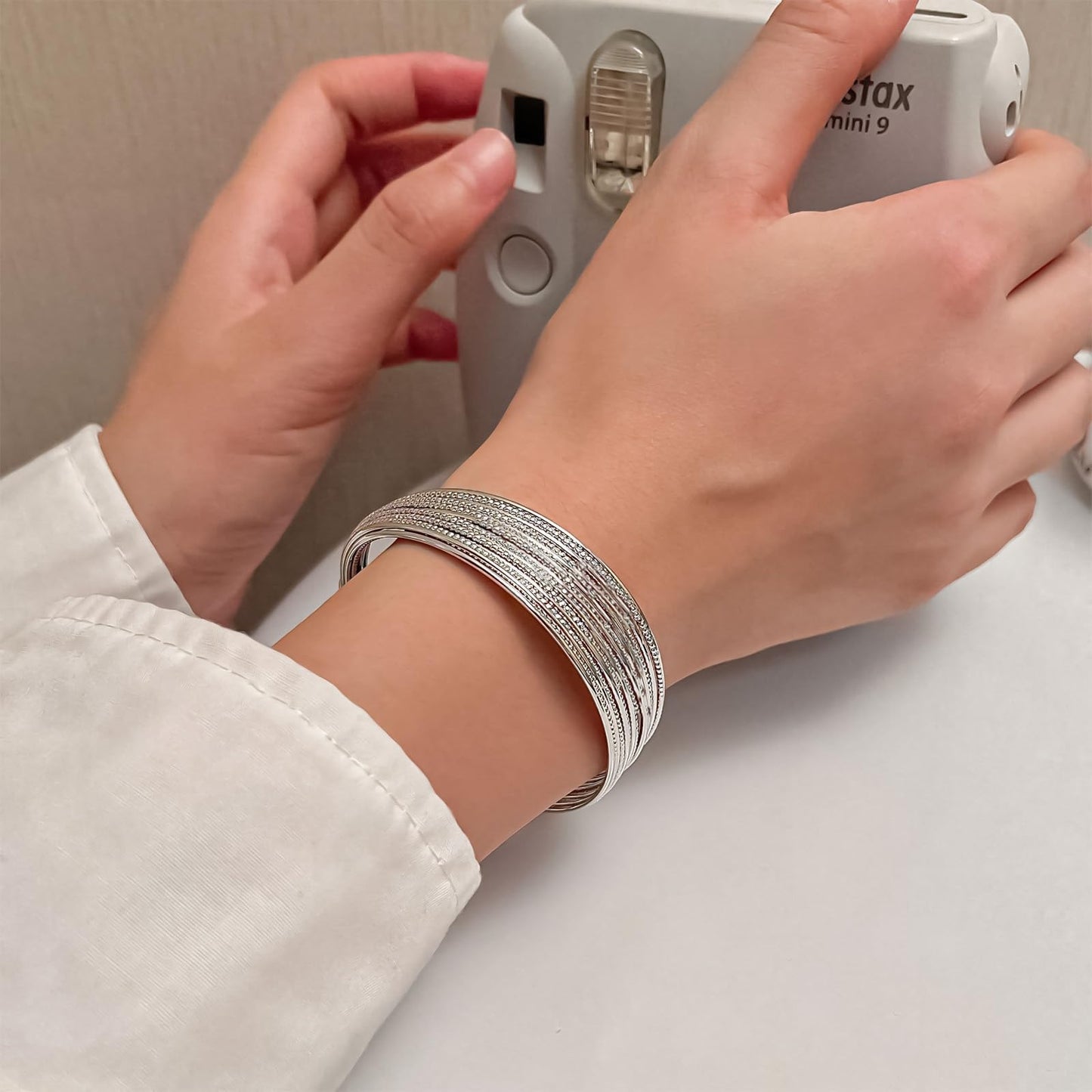 Shiny Wide Cuff Bracelets for Women 925 Sterling Silver Open Adjustable Bangles Handmade Multi-line Stack Bracelet Minimalist Silver Cuff Bracelet Teen Girls Fashion Women Jewelry gift for Lover wife