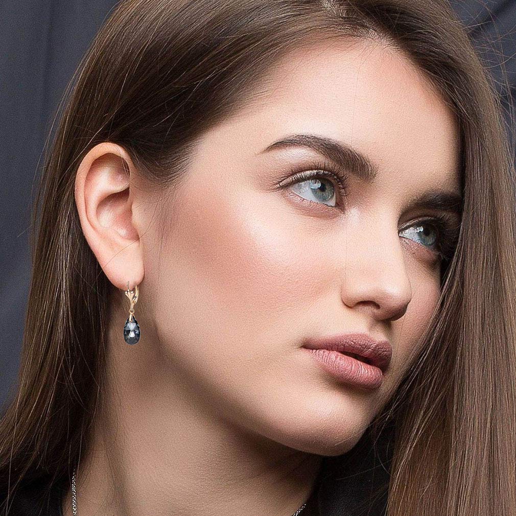 Austrian Crystal Teardrop Leverback Dangle Earrings for Women Fashion 14K Gold Plated Hypoallergenic Jewelry (Black)
