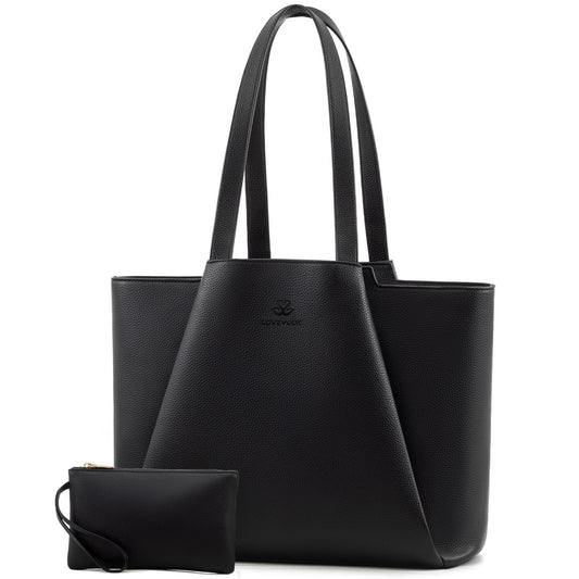 LOVEVOOK Work Tote Bags for Women - PU Leather Laptop Tote Bag for Women with Clutch, Large Capacity Office Purse Computer Briefcase for Casual Business Travel, Black